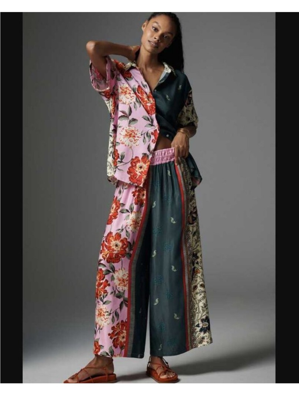 Anthropologie Colorblock Floral Wide-Leg Pants in Pink & Dark Green